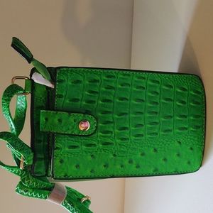 LE MIEL neon green faux ostrich leather wallet w/strap and card holder. NWT.